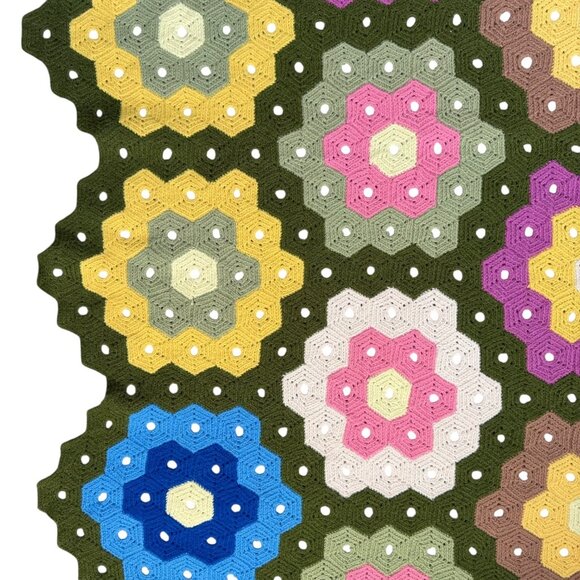 Handmade Crochet Multicolor Grandmother Flower Garden Quilt Throw Hexagon - Picture 4 of 5
